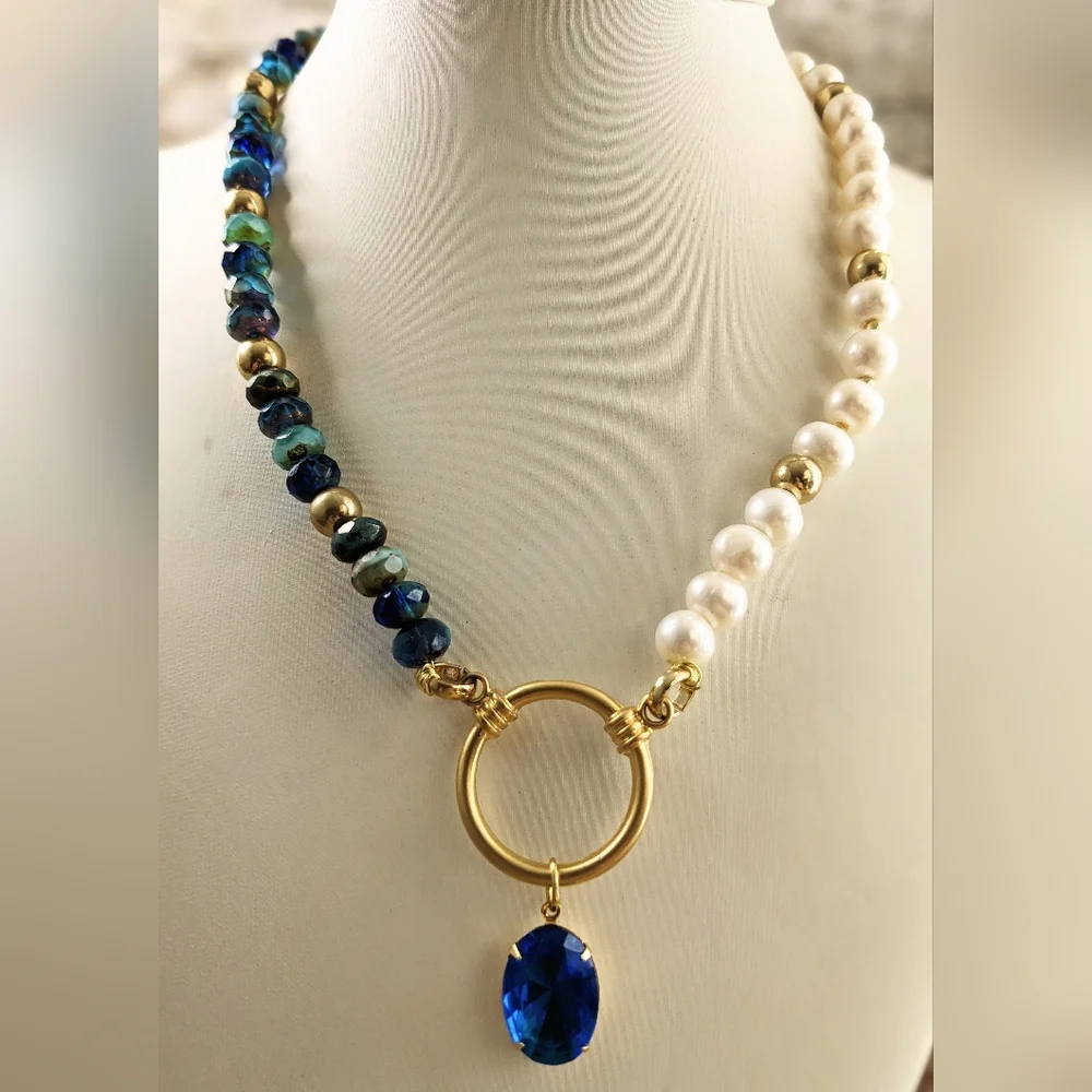 Blue Glass & Crystal Beads & White Freshwater Pearls In Assymetrical Necklace